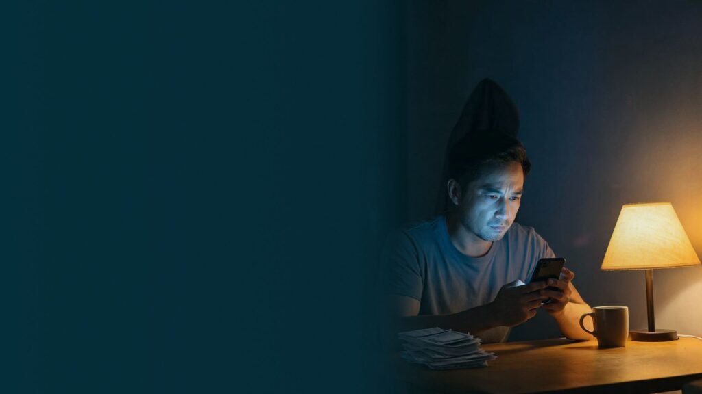 Homem à mesa à noite olhando o celular com expressão cansada, com faturas de cartão ao lado